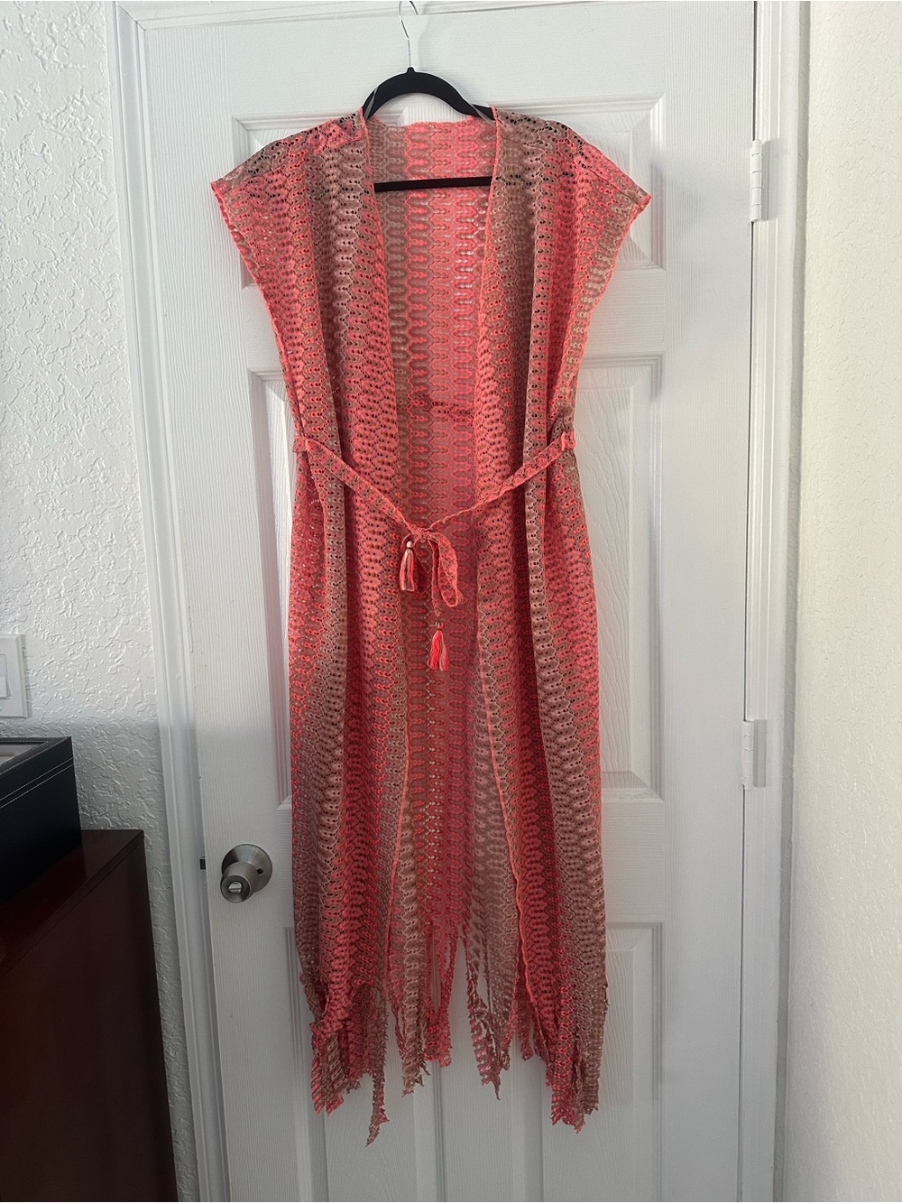 BECCA Coral and Nude Crochet Duster with Tassel Tie